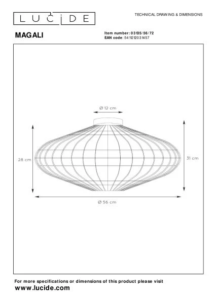 Lucide MAGALI - Plafonnière - Ø 56 cm - 1xE27 - Naturel - technisch